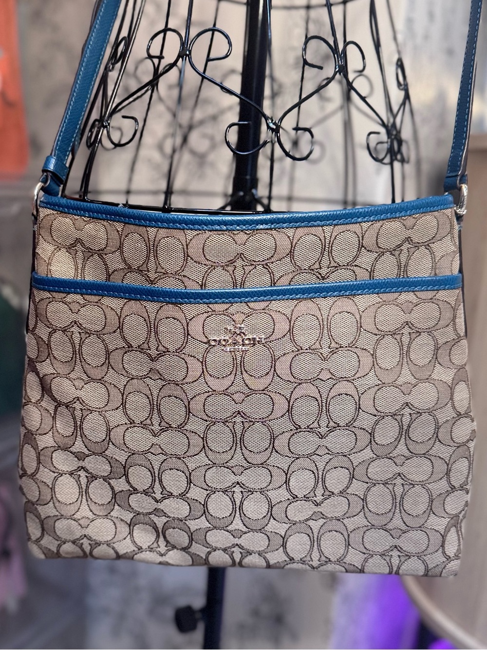 Coach Beige Signature Crossbody with Blue Trim
